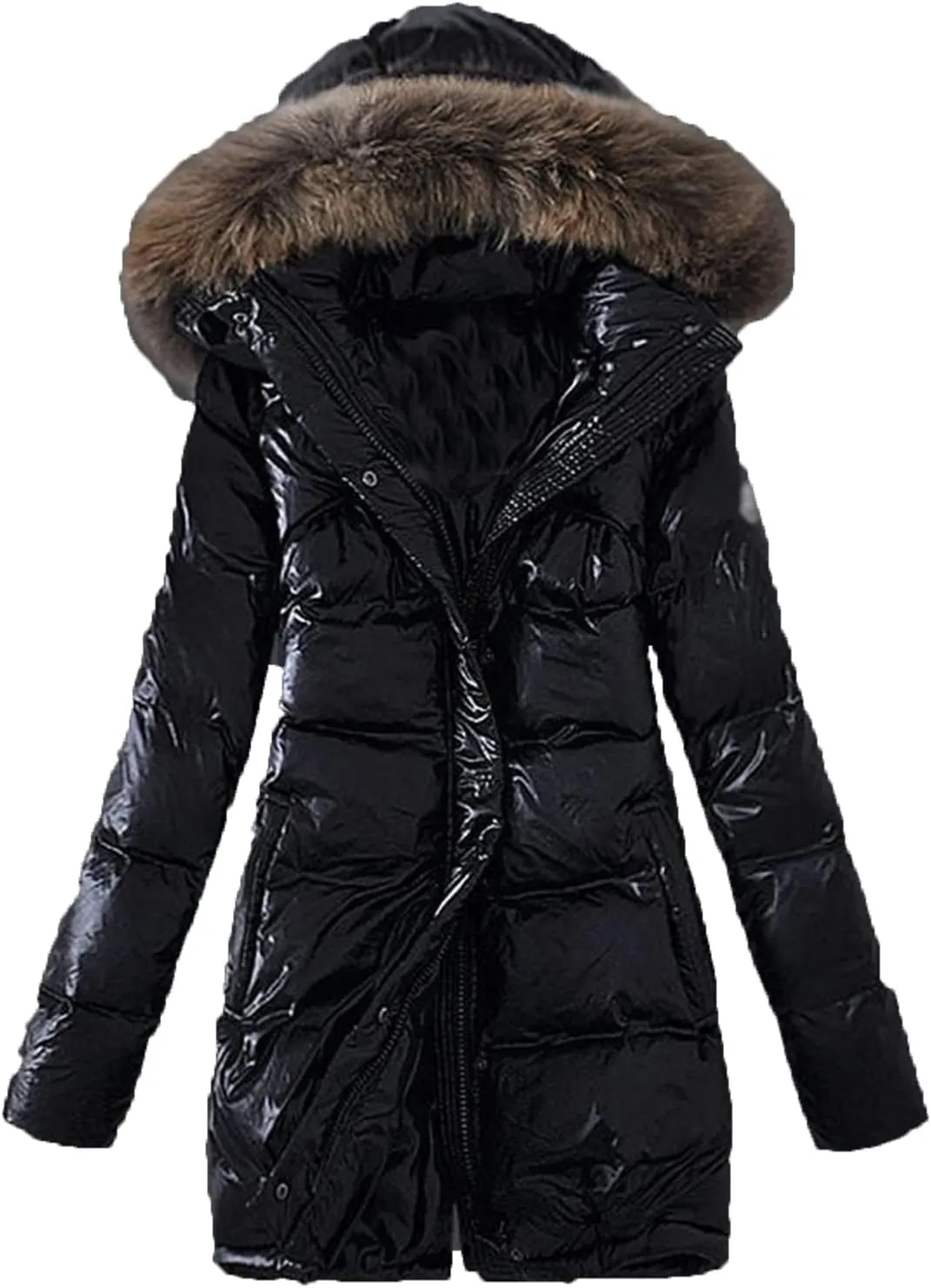 DGHM-JLMY Women's Long Slim Down Cotton-Padded Jacket Winter Hooded Coat Thicken Puffer Parka with Faux Fur Trim Hood