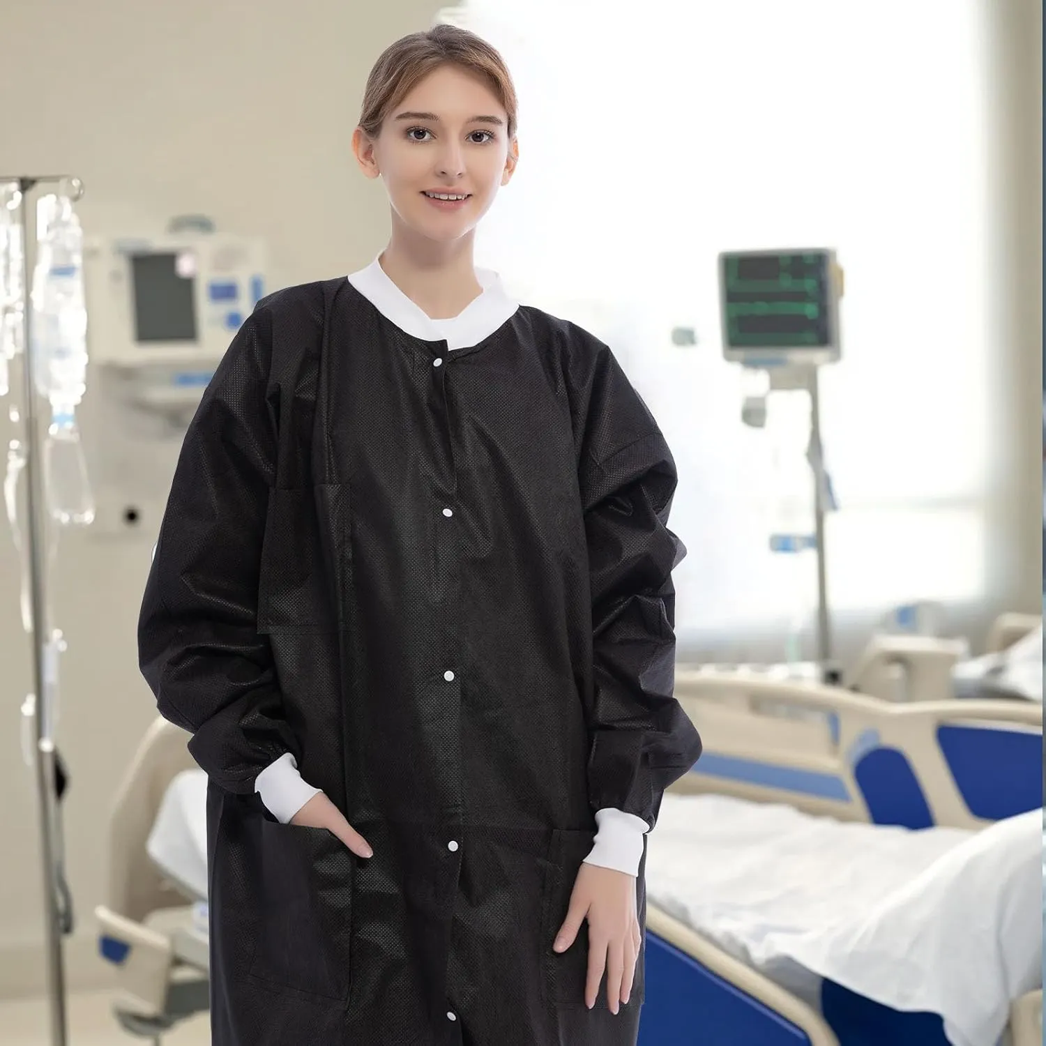 Disposable Lab Coats - SMS Medical Lab Jacket Knee Length Chemistry Lab Coat with Knit Cuffs and 3 Pockets