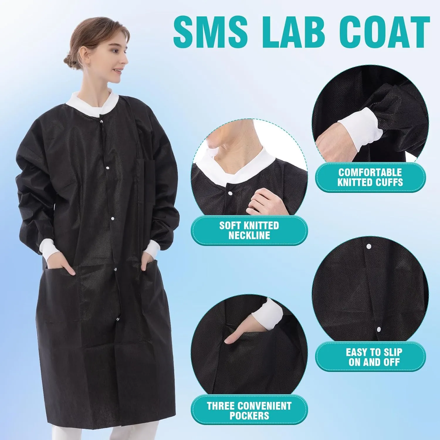 Disposable Lab Coats - SMS Medical Lab Jacket Knee Length Chemistry Lab Coat with Knit Cuffs and 3 Pockets