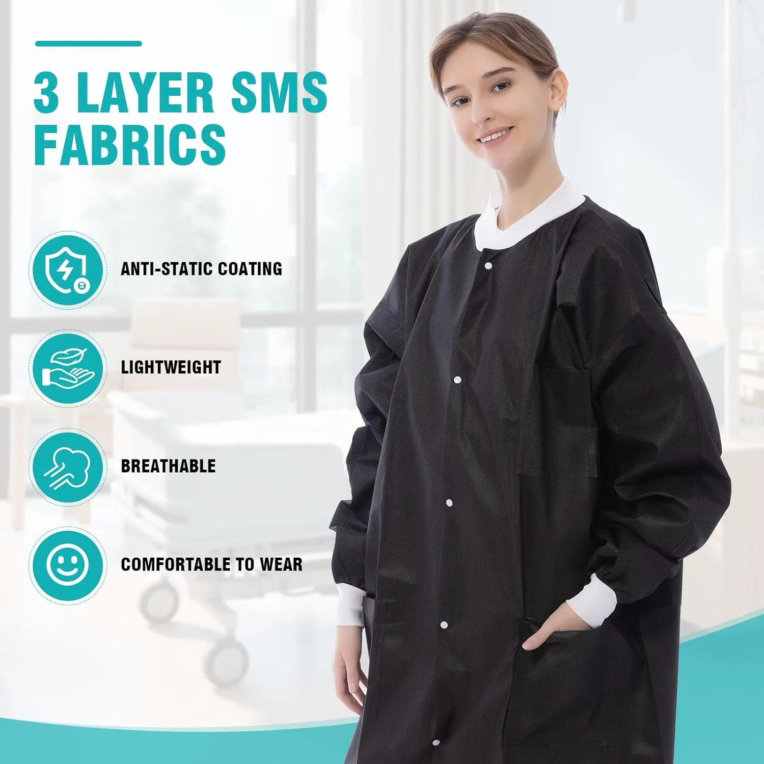 Disposable Lab Coats - SMS Medical Lab Jacket Knee Length Chemistry Lab Coat with Knit Cuffs and 3 Pockets
