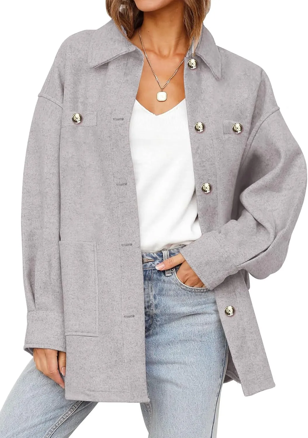 Dokotoo Women's Fall Oversized Long Sleeve Shacket Jackets 2024 Button Down Coats with Pockets