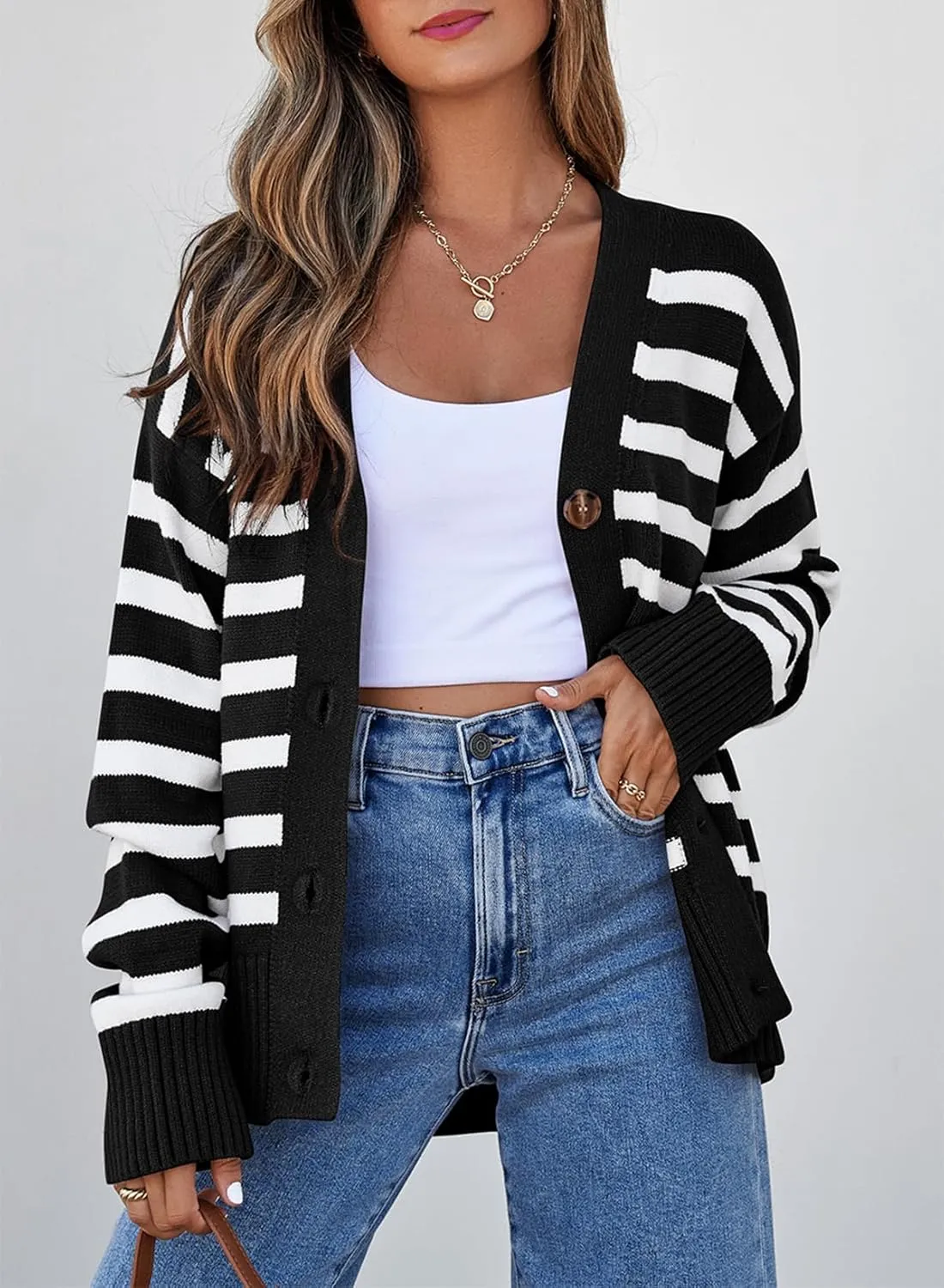 EVALESS Womens Striped Cardigan Sweaters Long Sleeve V Neck Lightweight Open Front Button Down Knit Cardigans