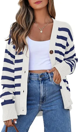 EVALESS Womens Striped Cardigan Sweaters Long Sleeve V Neck Lightweight Open Front Button Down Knit Cardigans