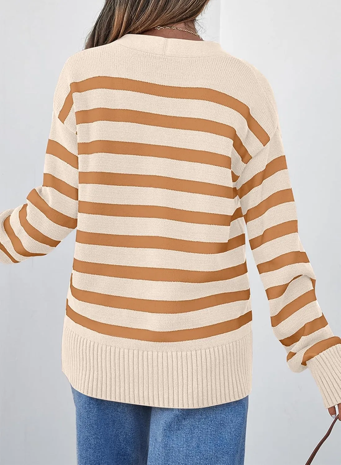 EVALESS Womens Striped Cardigan Sweaters Long Sleeve V Neck Lightweight Open Front Button Down Knit Cardigans