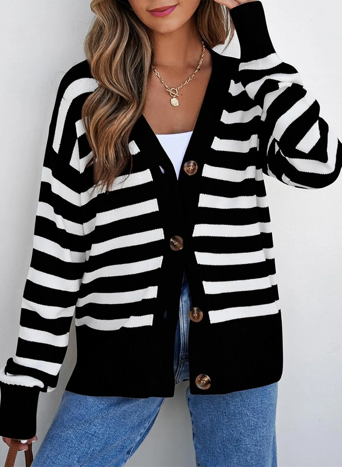 EVALESS Womens Striped Cardigan Sweaters Long Sleeve V Neck Lightweight Open Front Button Down Knit Cardigans