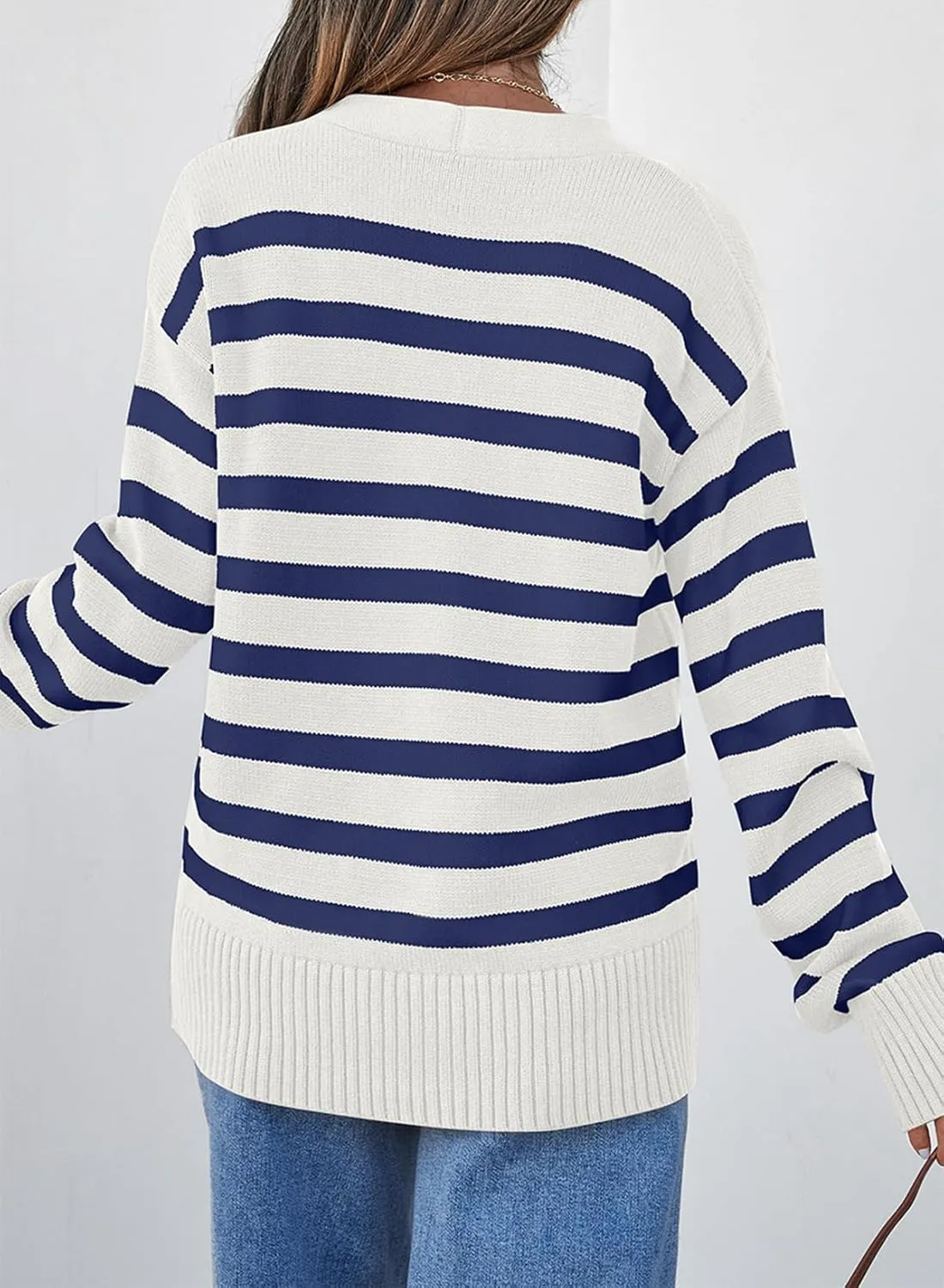 EVALESS Womens Striped Cardigan Sweaters Long Sleeve V Neck Lightweight Open Front Button Down Knit Cardigans