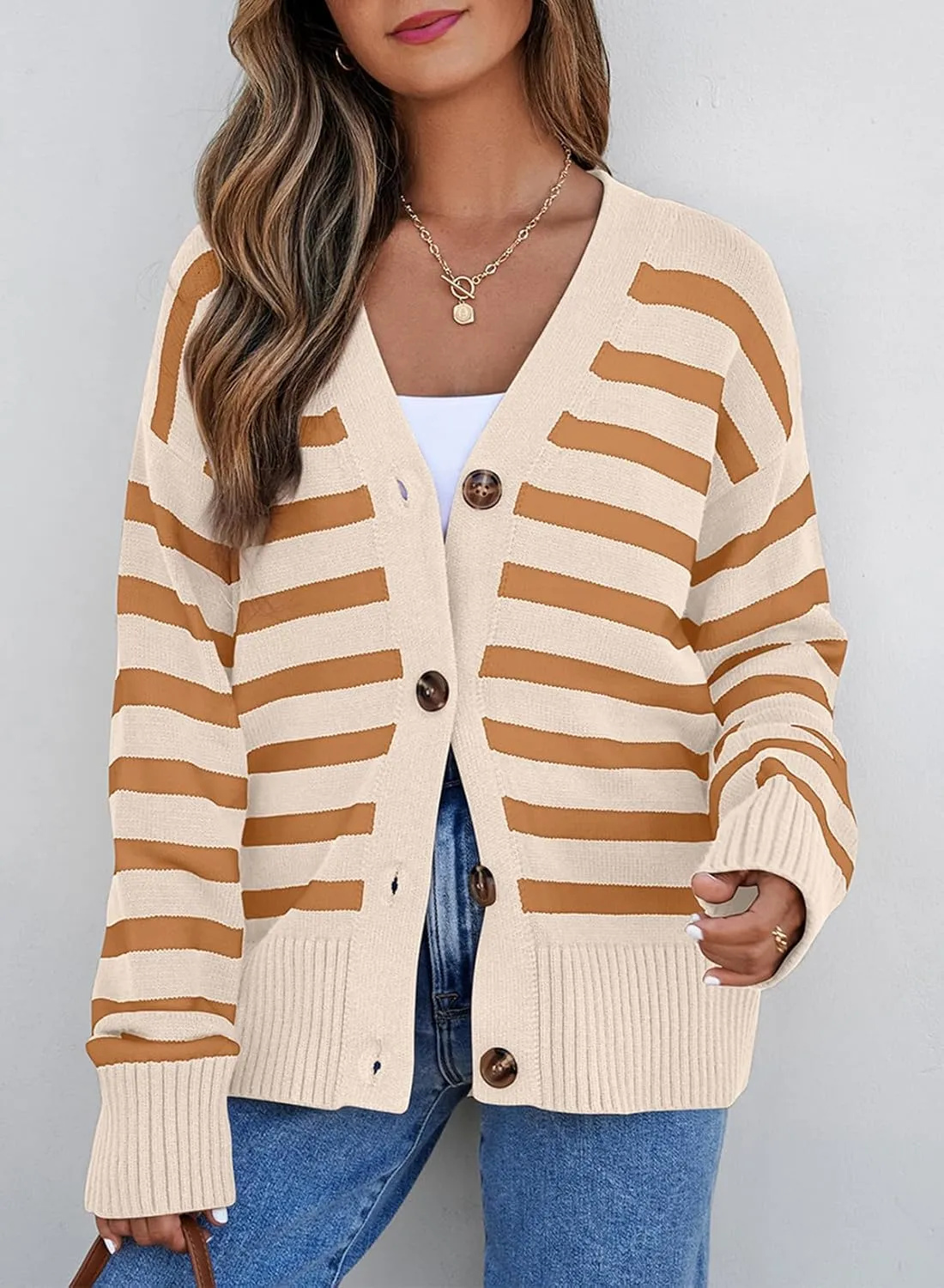 EVALESS Womens Striped Cardigan Sweaters Long Sleeve V Neck Lightweight Open Front Button Down Knit Cardigans