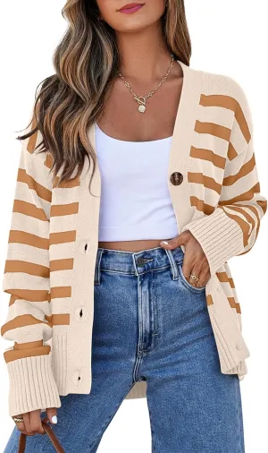 EVALESS Womens Striped Cardigan Sweaters Long Sleeve V Neck Lightweight Open Front Button Down Knit Cardigans