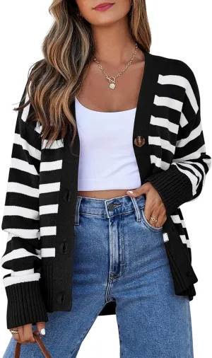 EVALESS Womens Striped Cardigan Sweaters Long Sleeve V Neck Lightweight Open Front Button Down Knit Cardigans