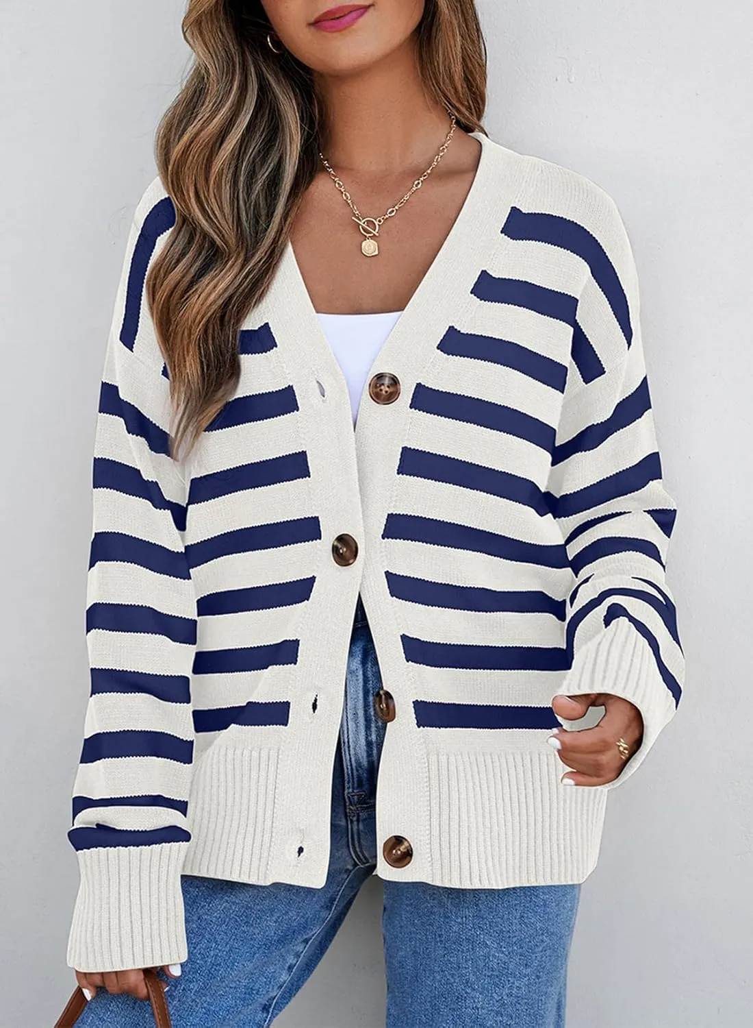 EVALESS Womens Striped Cardigan Sweaters Long Sleeve V Neck Lightweight Open Front Button Down Knit Cardigans