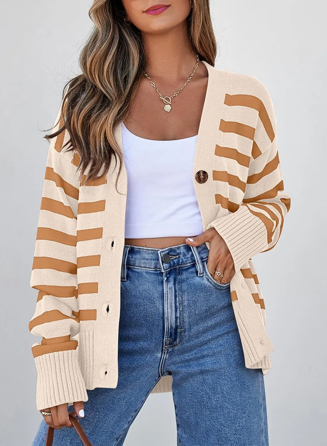 EVALESS Womens Striped Cardigan Sweaters Long Sleeve V Neck Lightweight Open Front Button Down Knit Cardigans