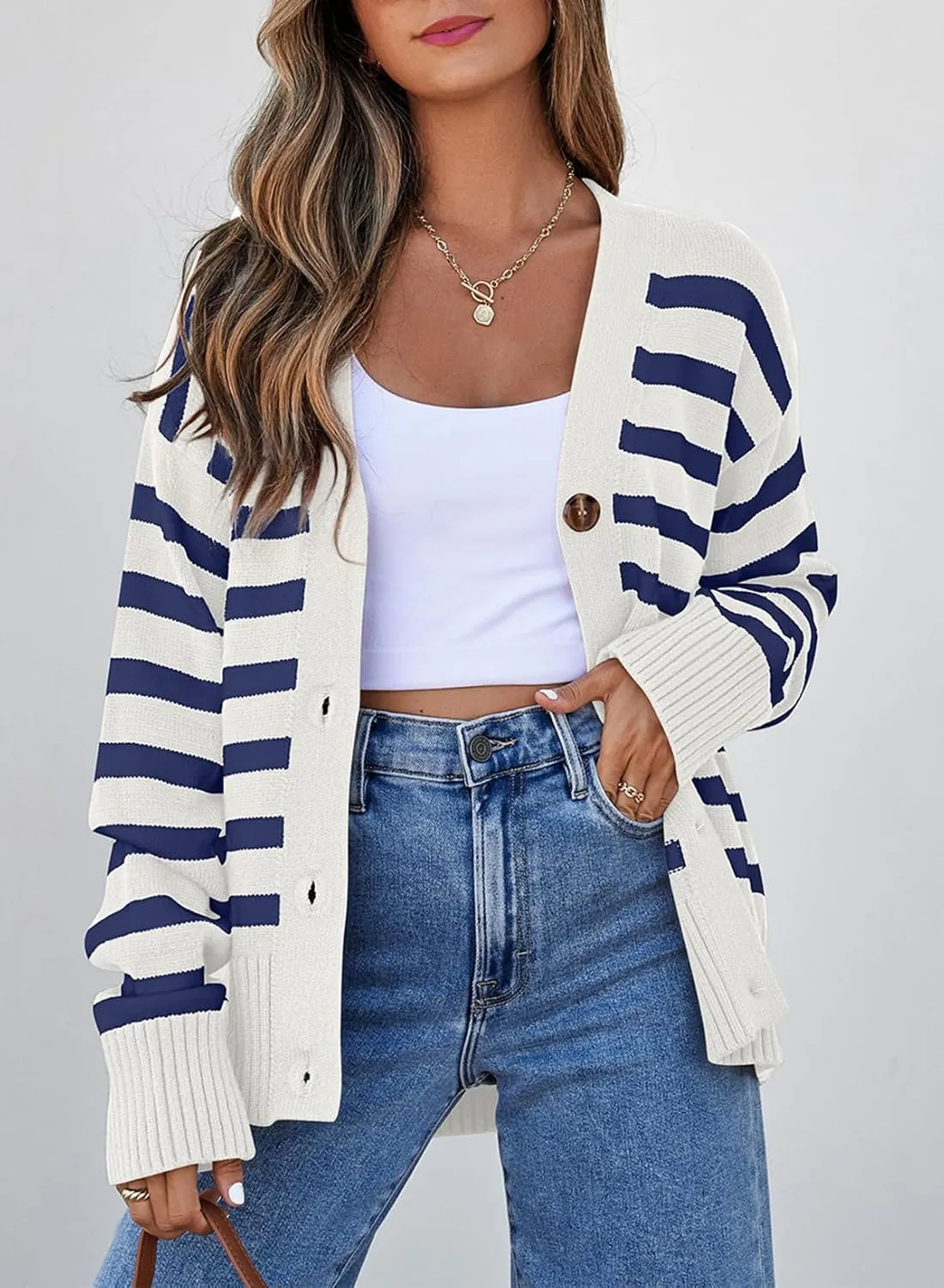 EVALESS Womens Striped Cardigan Sweaters Long Sleeve V Neck Lightweight Open Front Button Down Knit Cardigans