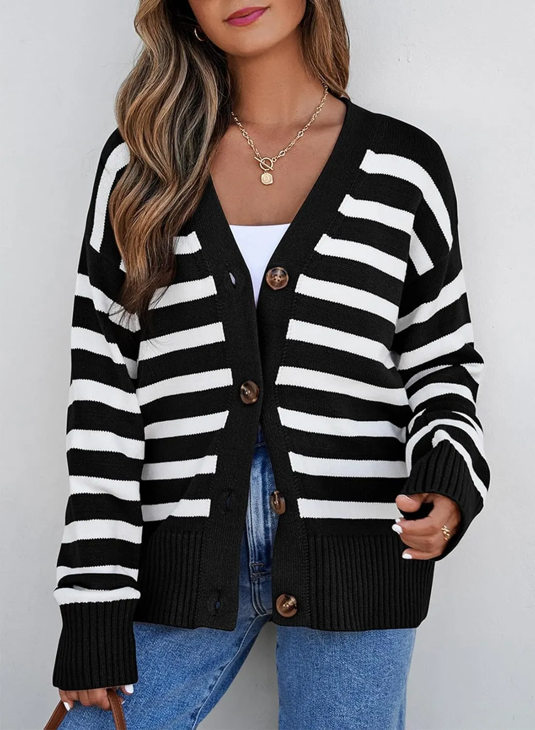 EVALESS Womens Striped Cardigan Sweaters Long Sleeve V Neck Lightweight Open Front Button Down Knit Cardigans