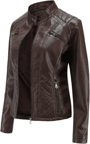 Faux Leather Jacket for Women, Stand Collar Biker Outerwear Jacket with Zipper Pockets