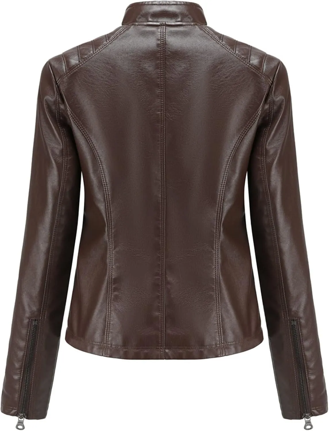 Faux Leather Jacket for Women, Stand Collar Biker Outerwear Jacket with Zipper Pockets