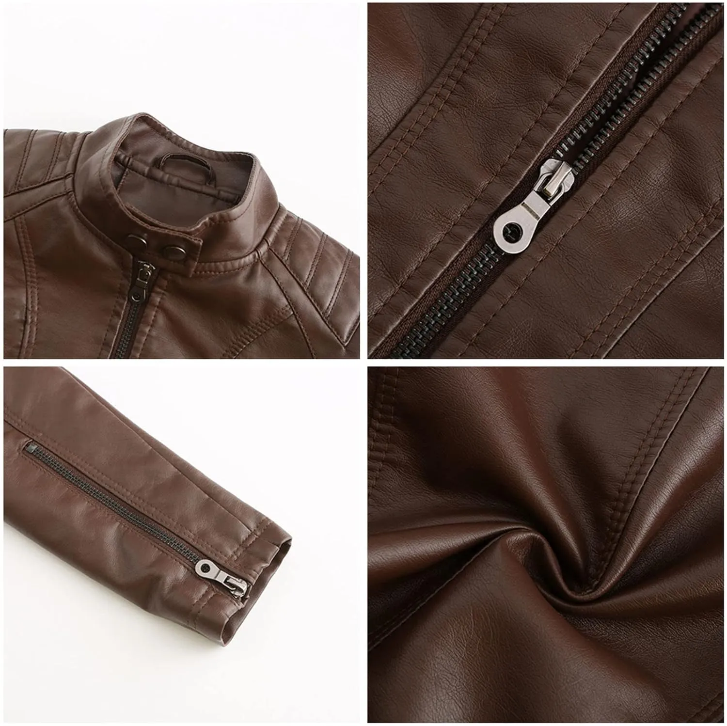 Faux Leather Jacket for Women, Stand Collar Biker Outerwear Jacket with Zipper Pockets