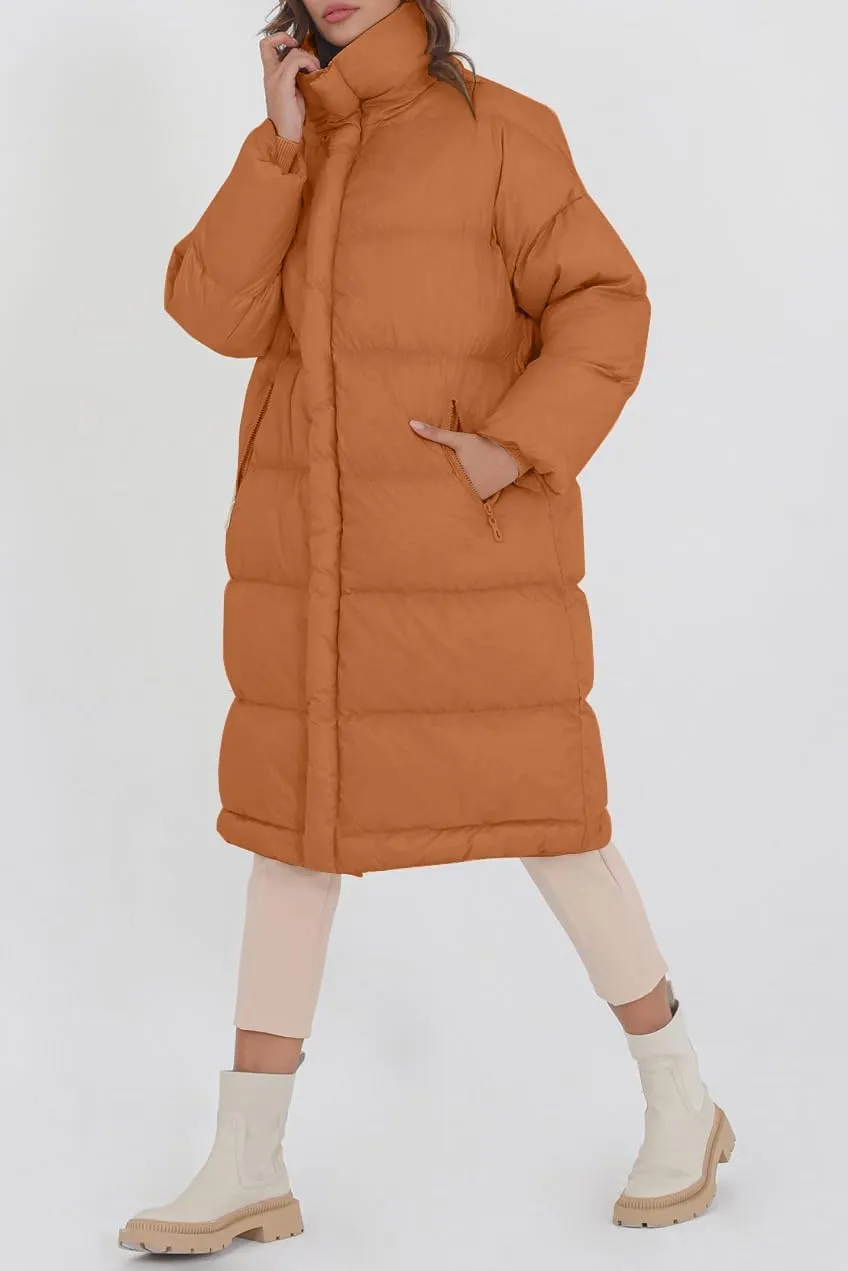 Fazortev Women's Long Puffer Jacket Stand Collar Zip Baggy Down Coats with Side Pockets Outwear