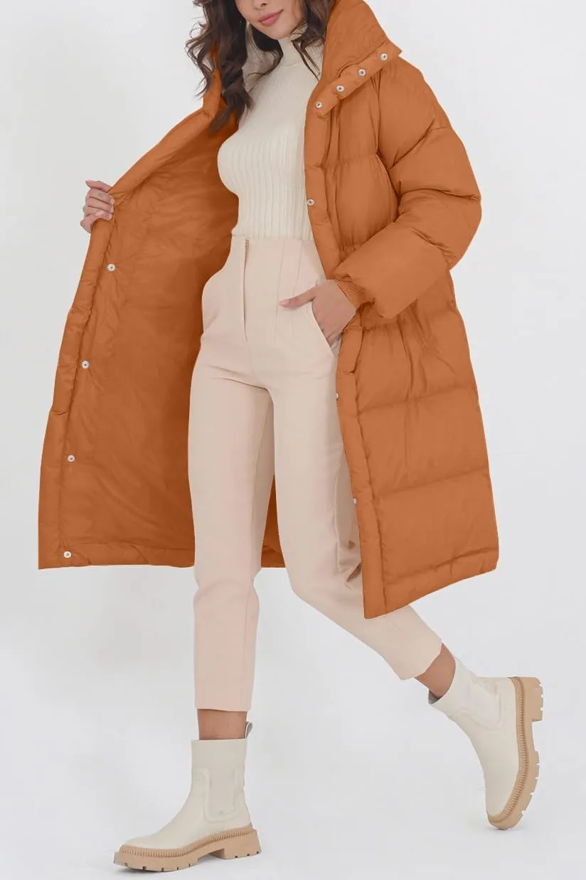 Fazortev Women's Long Puffer Jacket Stand Collar Zip Baggy Down Coats with Side Pockets Outwear