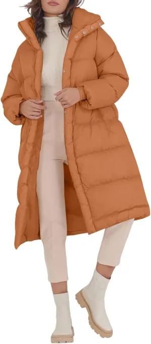 Fazortev Women's Long Puffer Jacket Stand Collar Zip Baggy Down Coats with Side Pockets Outwear
