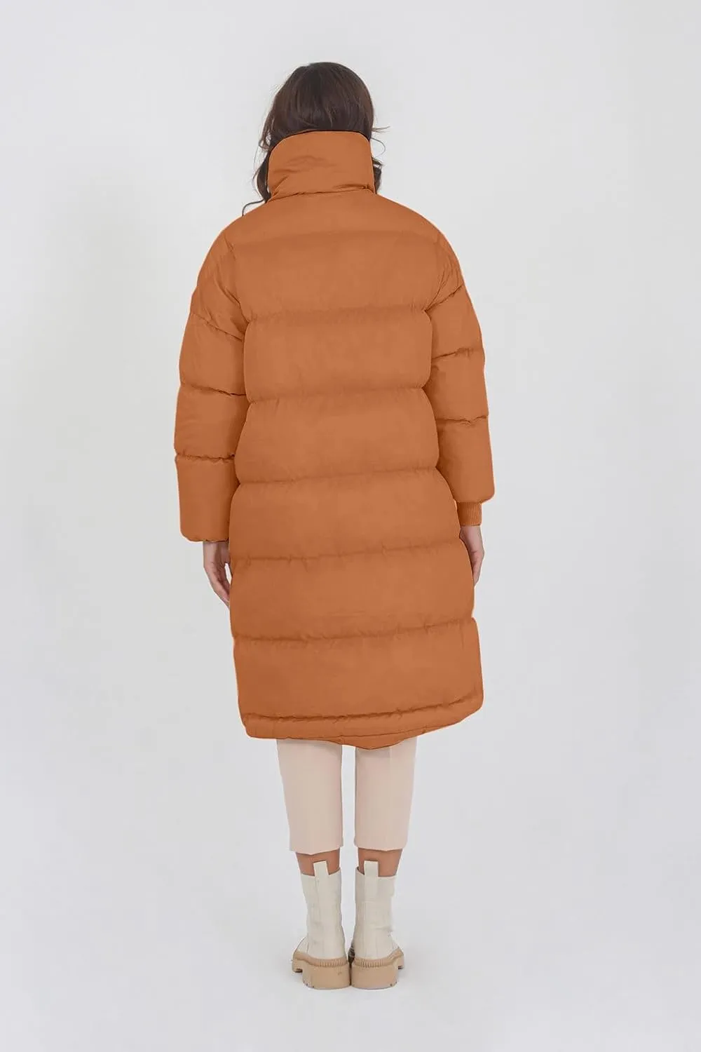 Fazortev Women's Long Puffer Jacket Stand Collar Zip Baggy Down Coats with Side Pockets Outwear