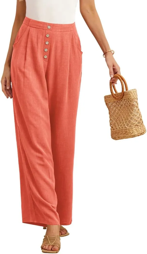 Feiersi Women's Linen Wide Leg Pants High Waisted Business Casual Palazzo Flowy Trousers with Pockets
