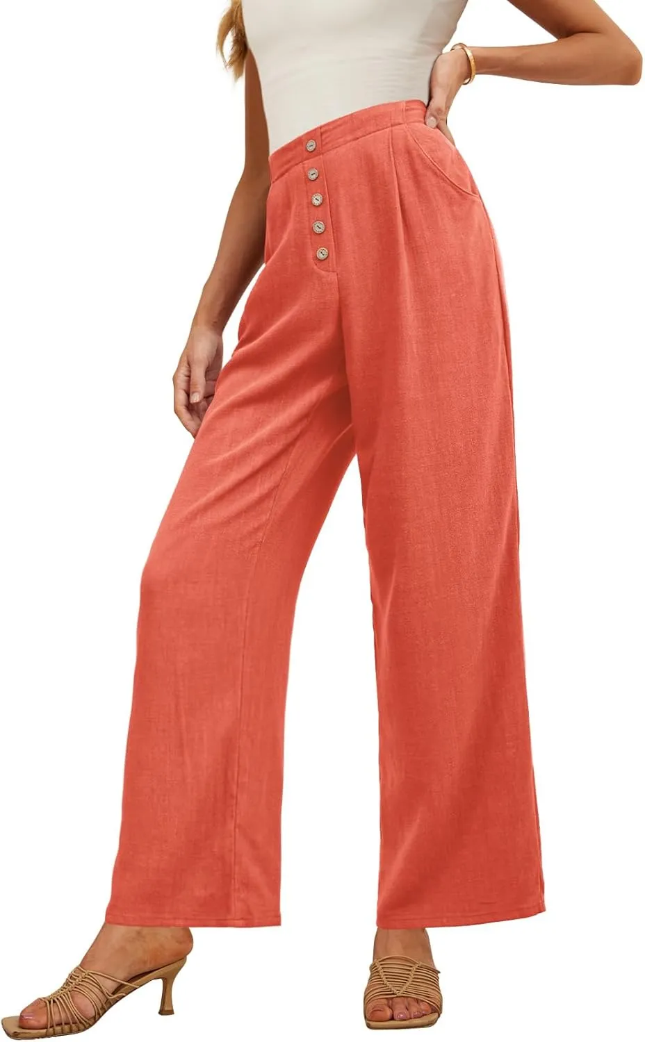Feiersi Women's Linen Wide Leg Pants High Waisted Business Casual Palazzo Flowy Trousers with Pockets