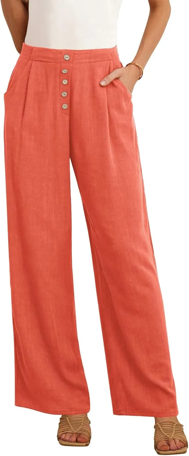 Feiersi Women's Linen Wide Leg Pants High Waisted Business Casual Palazzo Flowy Trousers with Pockets