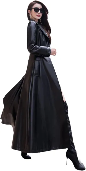 Flare Leather Trench Coat for Women Spring Long Clothing Women Long Sleeve Lapel Black