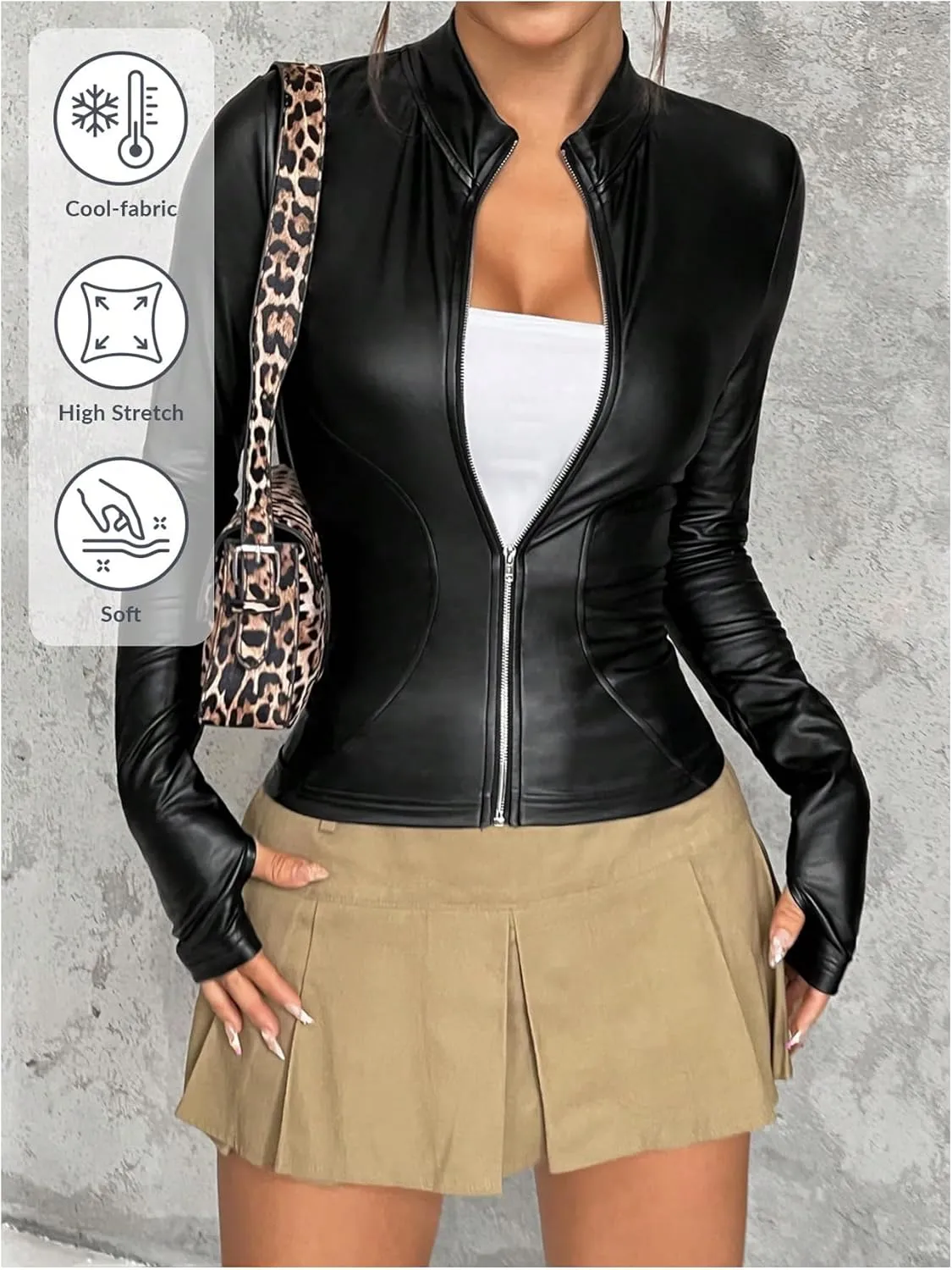 Floerns Women's PU Leather Long Sleeve Zip Up Rave Jacket Moto Biker Outerwear