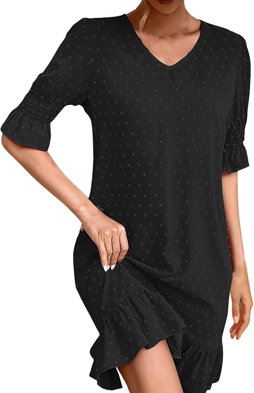 Floral Embroidered Short Sleeve Dress for Women V Neck Ruffle Hem Lightweight Soft Cotton Summer Casual Loose Fit