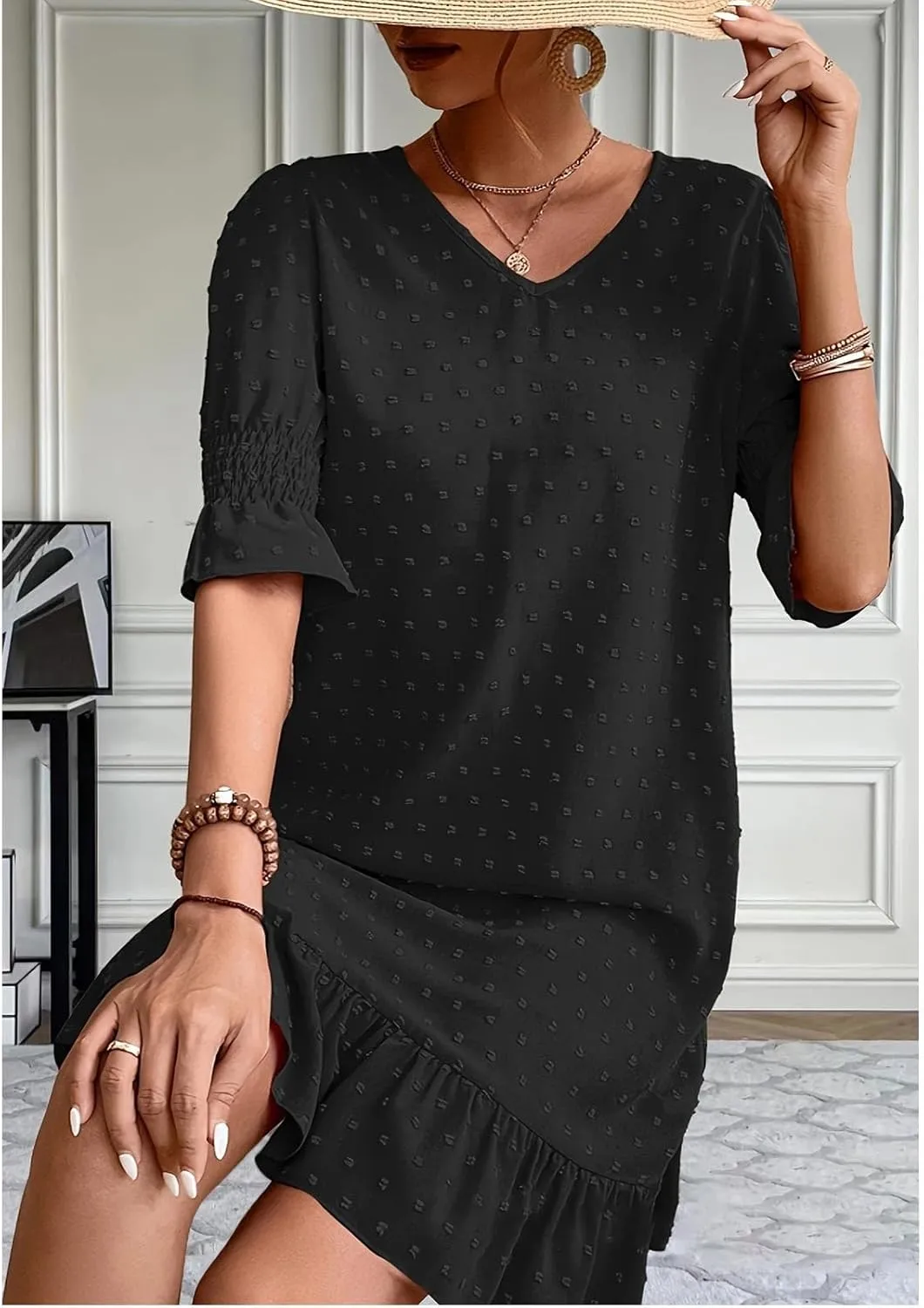Floral Embroidered Short Sleeve Dress for Women V Neck Ruffle Hem Lightweight Soft Cotton Summer Casual Loose Fit