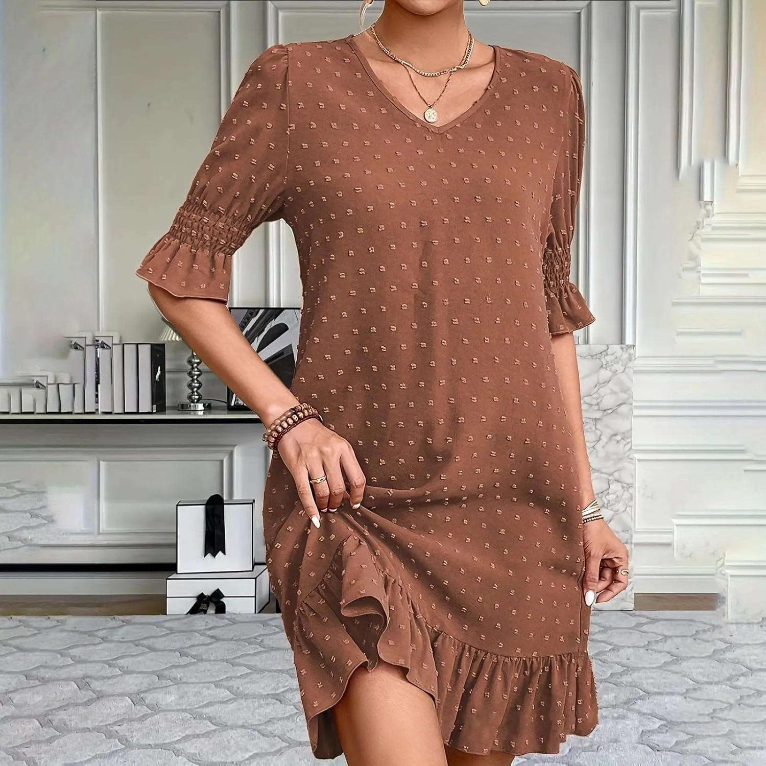 Floral Embroidered Short Sleeve Dress for Women V Neck Ruffle Hem Lightweight Soft Cotton Summer Casual Loose Fit