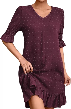 Floral Embroidered Short Sleeve Dress for Women V Neck Ruffle Hem Lightweight Soft Cotton Summer Casual Loose Fit