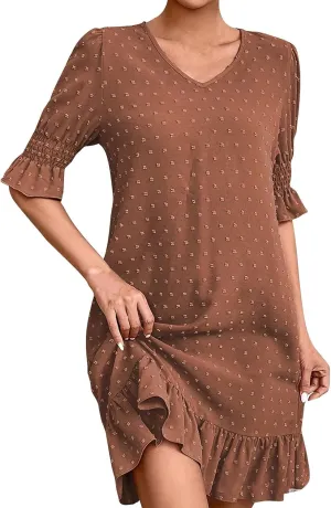 Floral Embroidered Short Sleeve Dress for Women V Neck Ruffle Hem Lightweight Soft Cotton Summer Casual Loose Fit