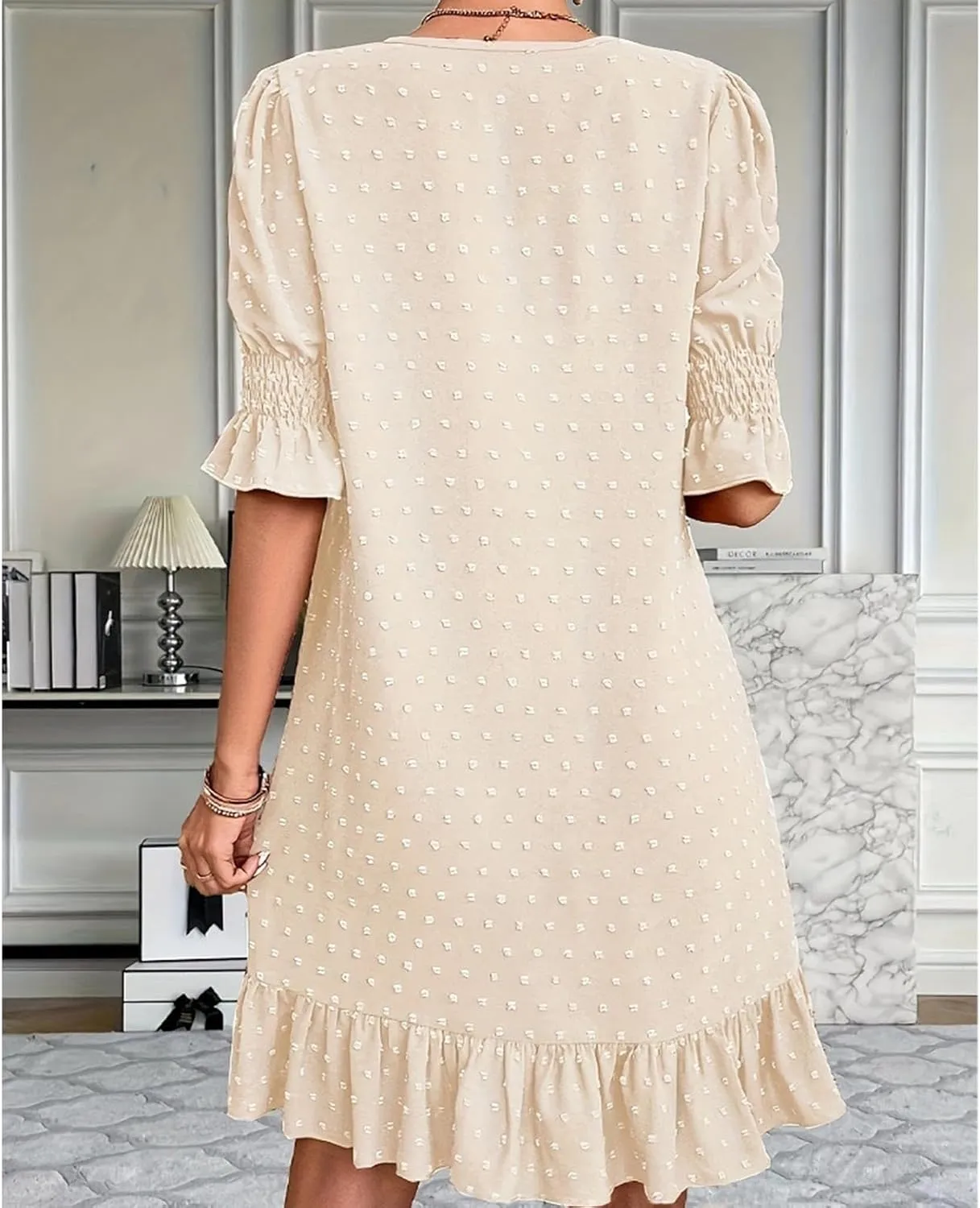Floral Embroidered Short Sleeve Dress for Women V Neck Ruffle Hem Lightweight Soft Cotton Summer Casual Loose Fit