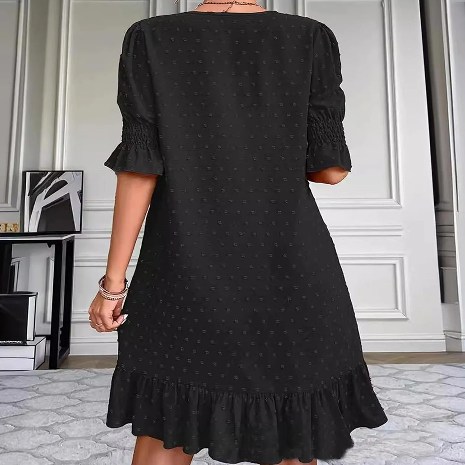 Floral Embroidered Short Sleeve Dress for Women V Neck Ruffle Hem Lightweight Soft Cotton Summer Casual Loose Fit