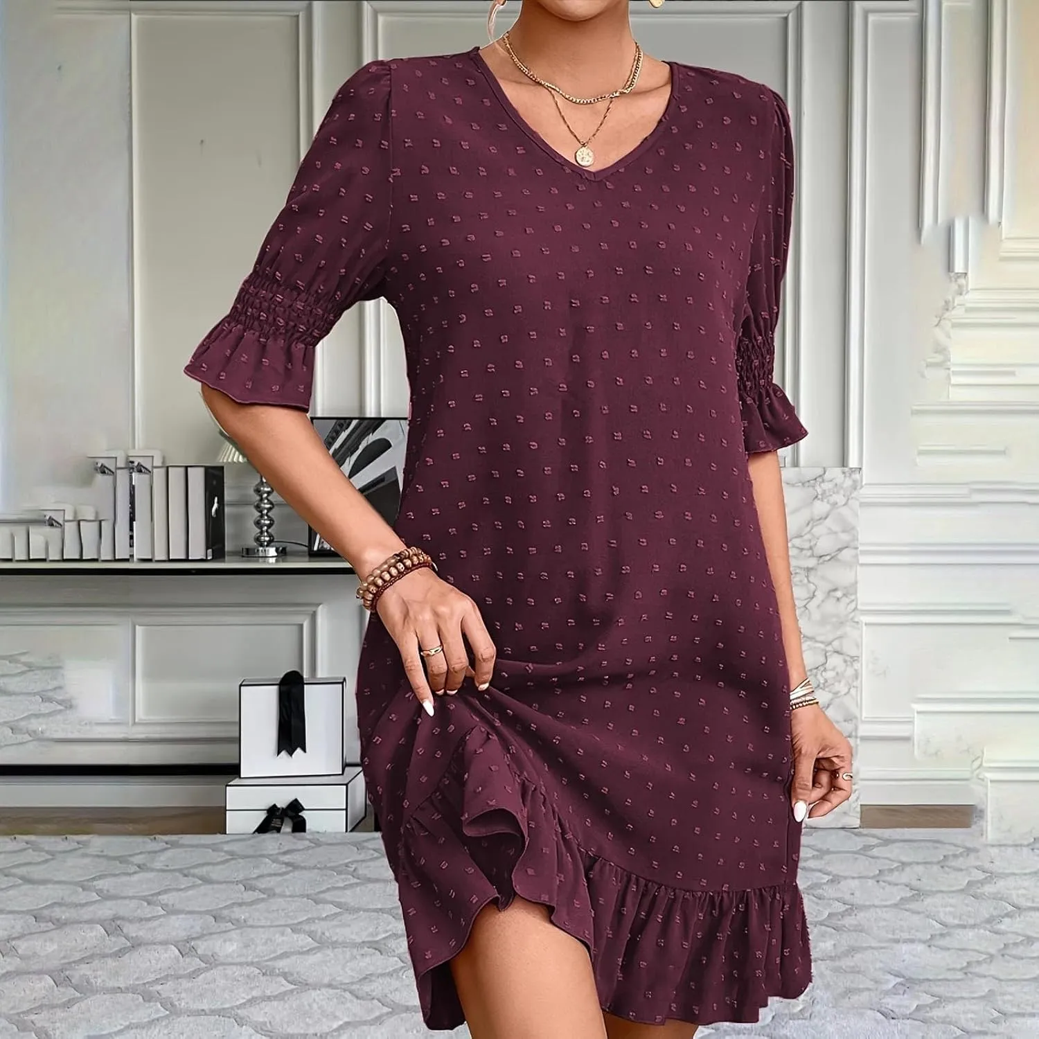 Floral Embroidered Short Sleeve Dress for Women V Neck Ruffle Hem Lightweight Soft Cotton Summer Casual Loose Fit