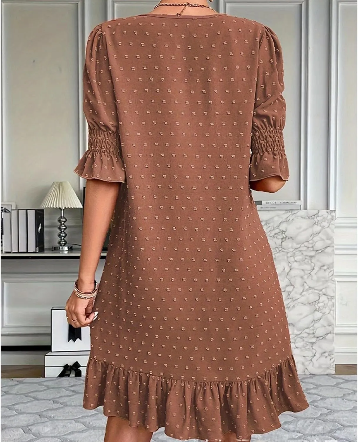 Floral Embroidered Short Sleeve Dress for Women V Neck Ruffle Hem Lightweight Soft Cotton Summer Casual Loose Fit