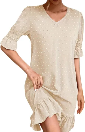 Floral Embroidered Short Sleeve Dress for Women V Neck Ruffle Hem Lightweight Soft Cotton Summer Casual Loose Fit