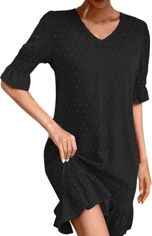 Floral Embroidered Short Sleeve Dress for Women V Neck Ruffle Hem Lightweight Soft Cotton Summer Casual Loose Fit