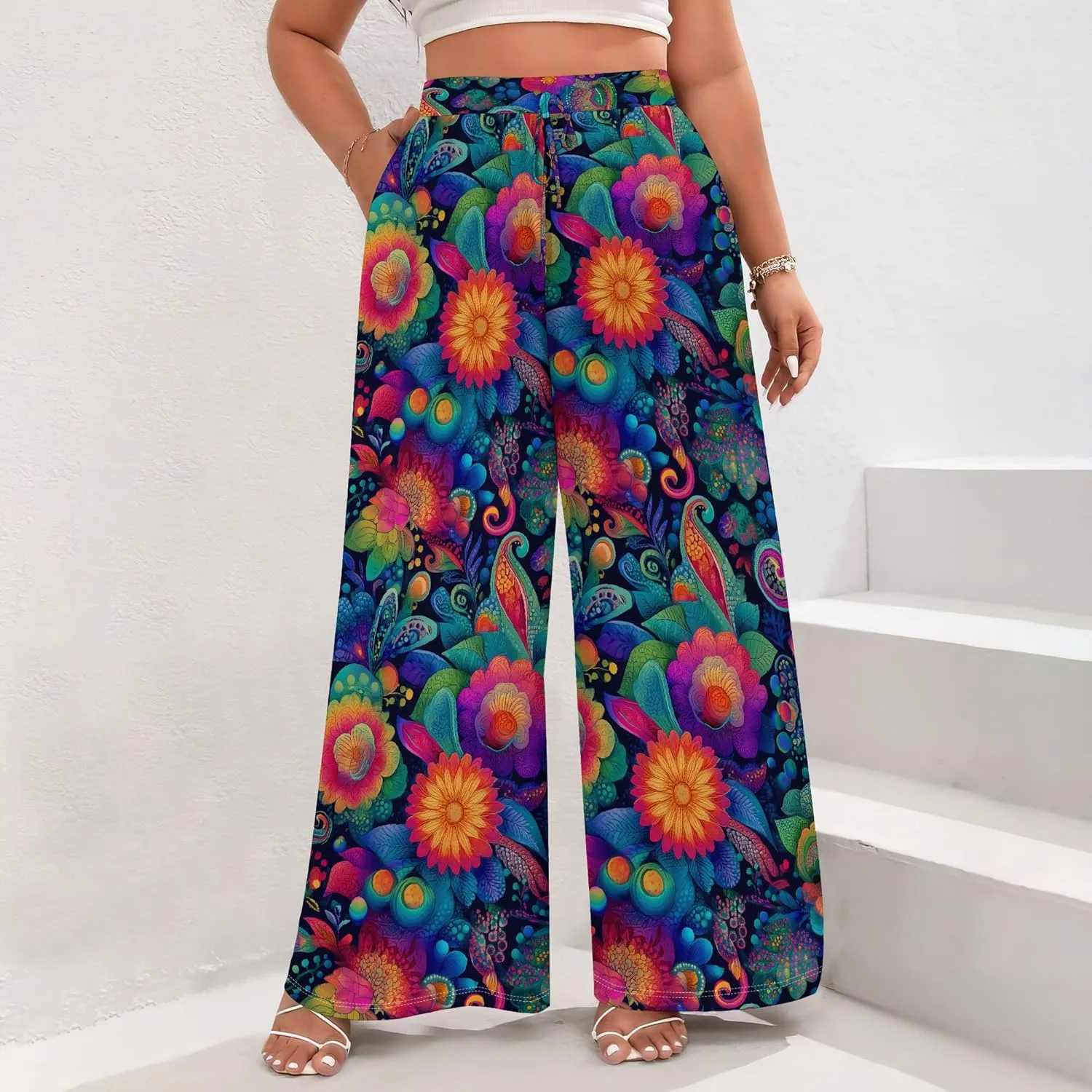 Floral Print Wide Leg Pants Women Boho Elastic High Waist Palazzo Pants Dressy Casual Loose Fit Trouser with Pockets