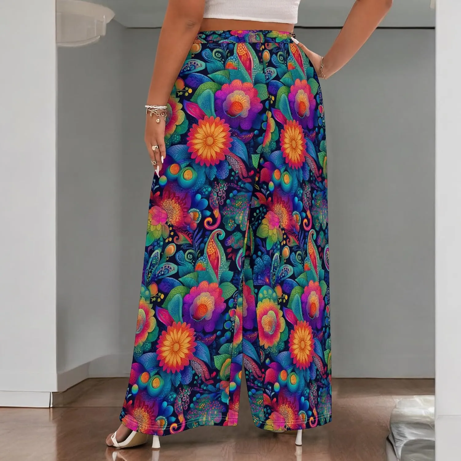 Floral Print Wide Leg Pants Women Boho Elastic High Waist Palazzo Pants Dressy Casual Loose Fit Trouser with Pockets