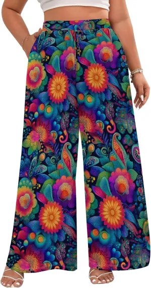 Floral Print Wide Leg Pants Women Boho Elastic High Waist Palazzo Pants Dressy Casual Loose Fit Trouser with Pockets