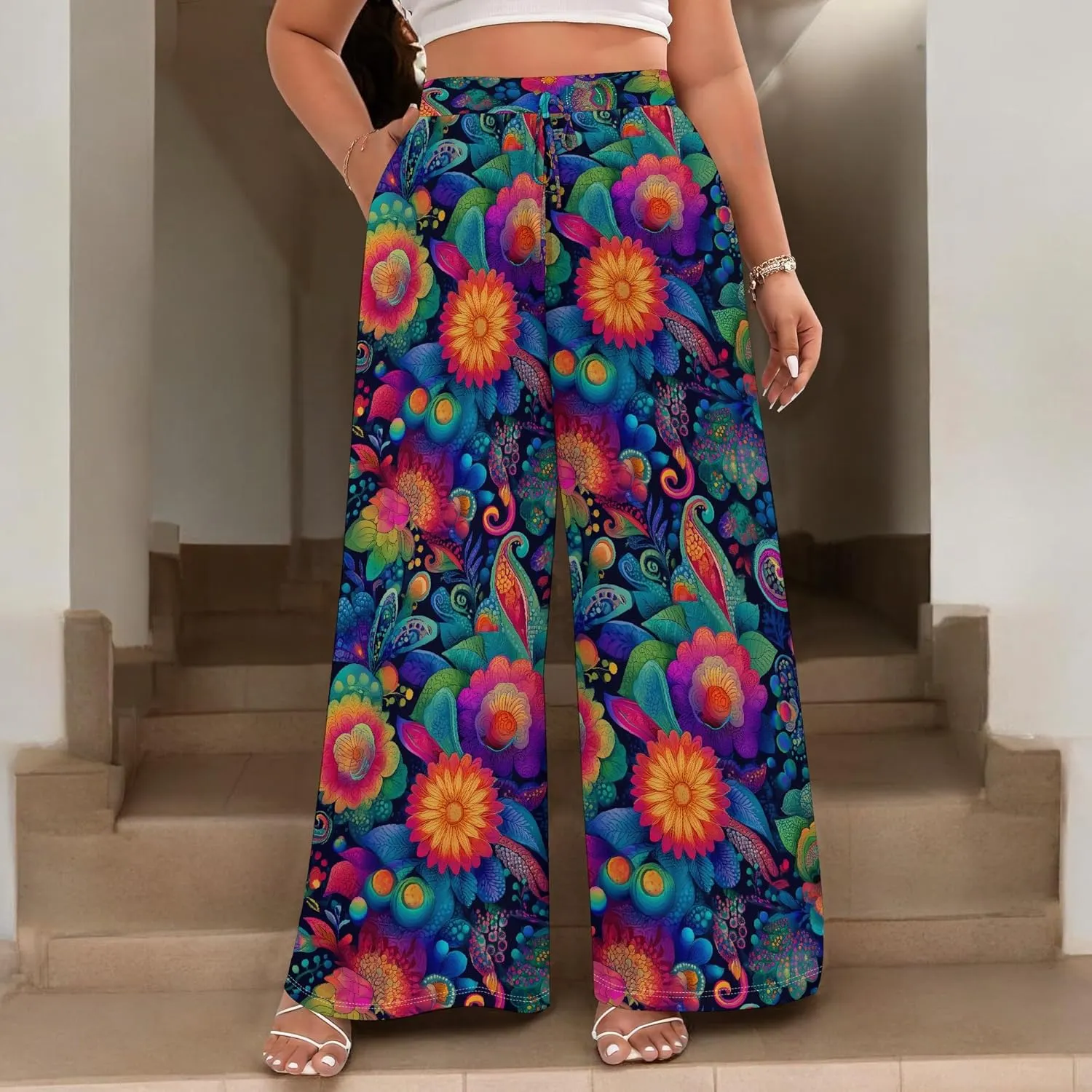 Floral Print Wide Leg Pants Women Boho Elastic High Waist Palazzo Pants Dressy Casual Loose Fit Trouser with Pockets