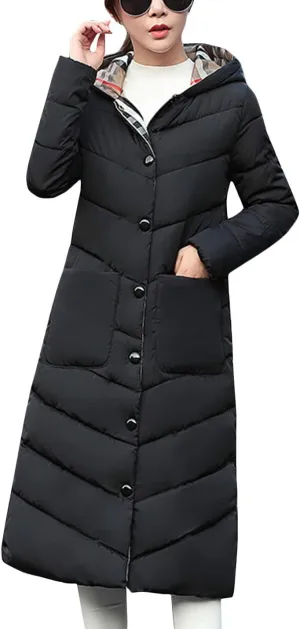 Flygo Women's Winter Casual Thicken Cotton Padded Coats Long Hoody Jackets Outerwears