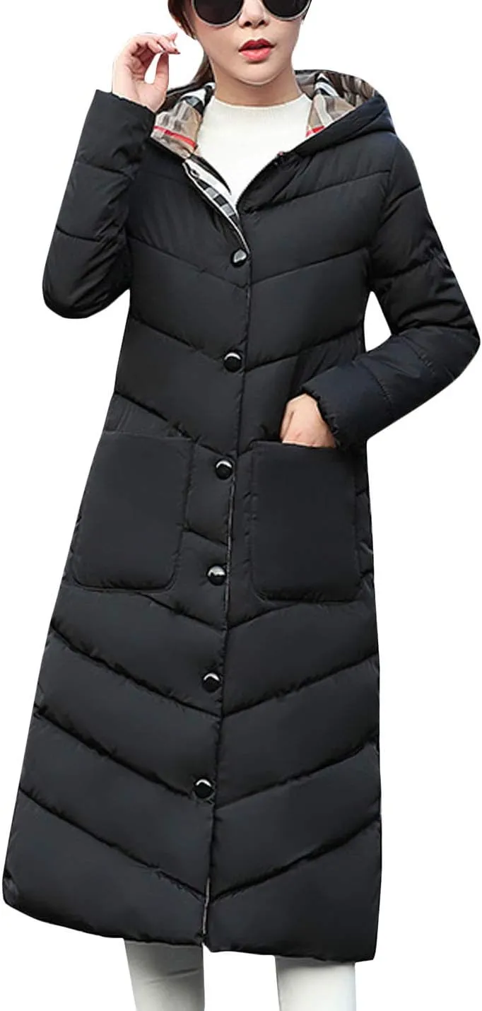 Flygo Women's Winter Casual Thicken Cotton Padded Coats Long Hoody Jackets Outerwears