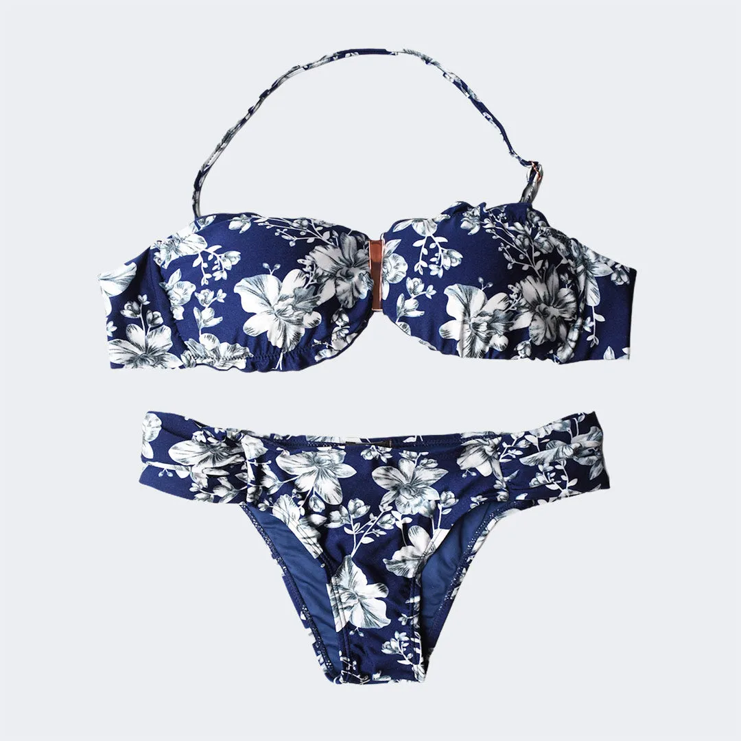 French Floral Blue Bandeau Bikini