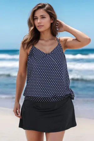 FULLFITALL - Navy Blue Dots Side Tie Tankini With A-Line Swim Skirt