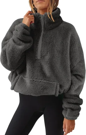 Fuzzy Fleece Sweatshirt For Women Casual Loose Half Zip Up Sherpa Pullover Sweater Warm Fall Winter Outfits