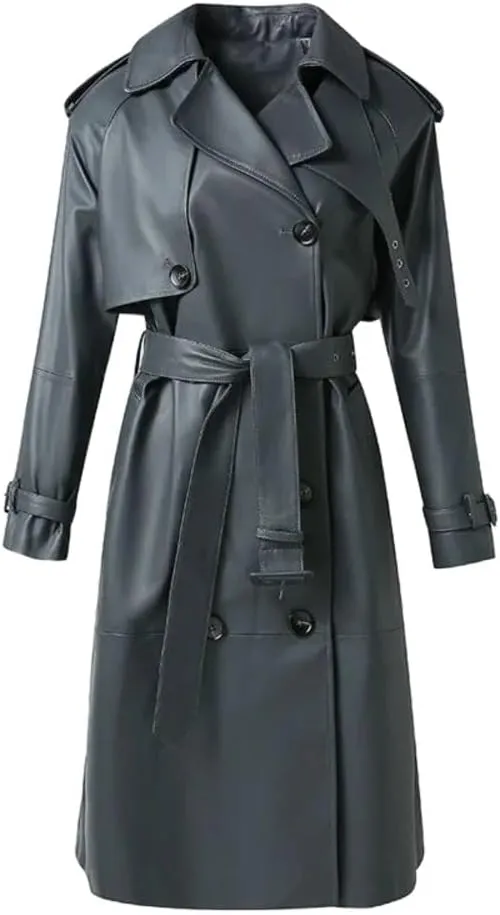 Genuine Sheepskin Leather Lapel Button with Belted Fashionable Long Trench Stunning Grey Coat for Women